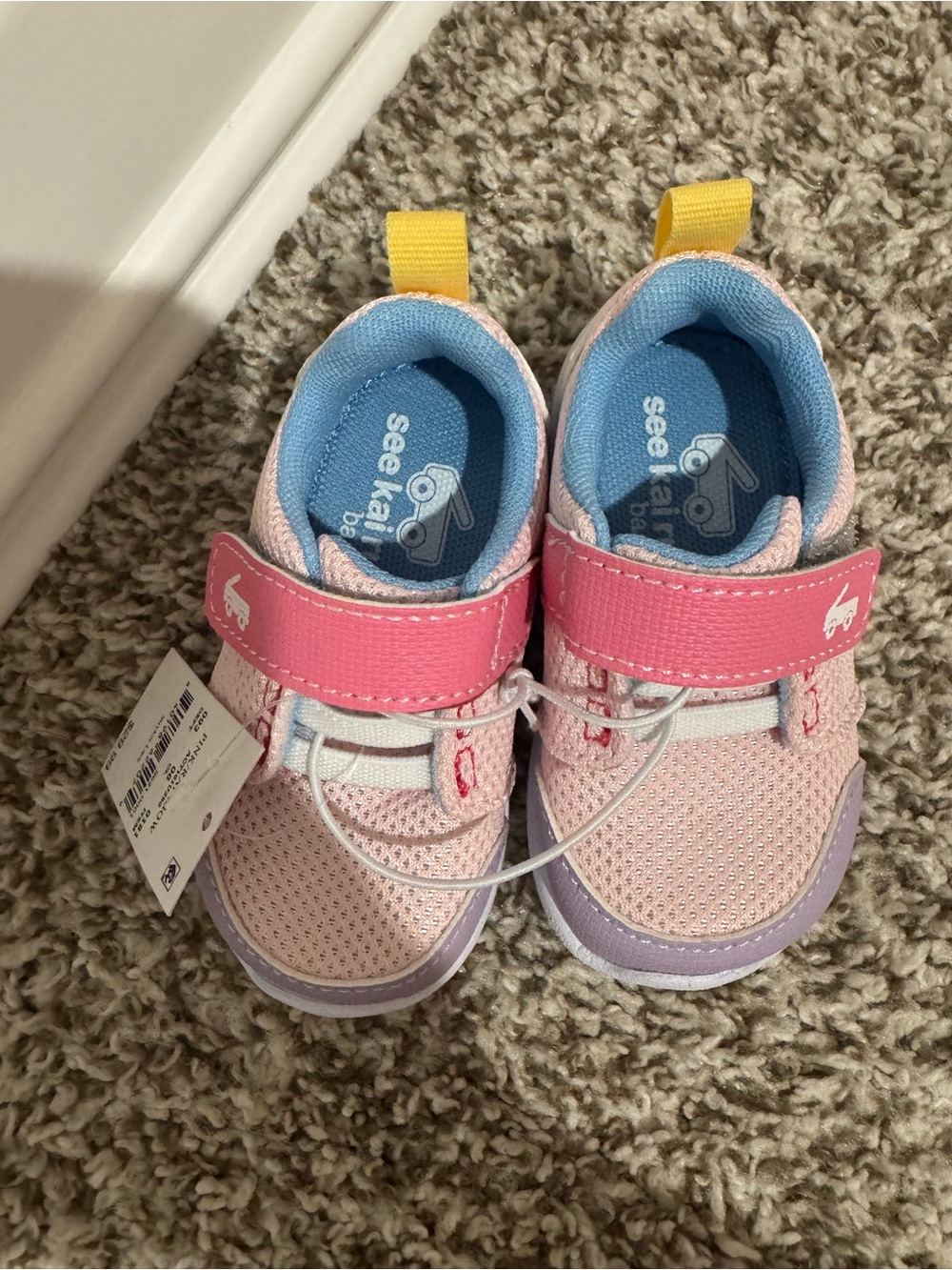 See Kai Run Pink and Purple Kids Mesh Sneakers with Yellow Heel Loop